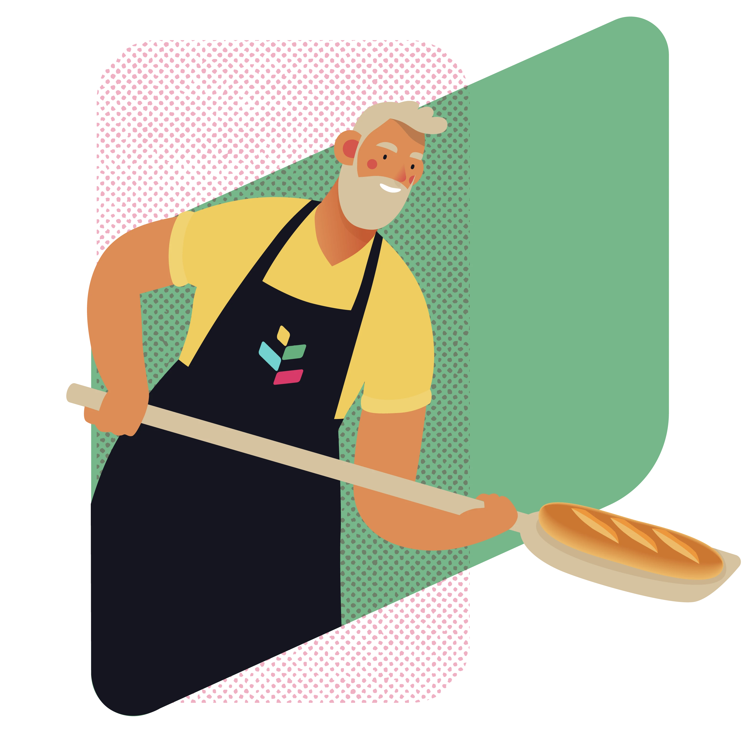 The baker slides the peel with the bread into the oven.