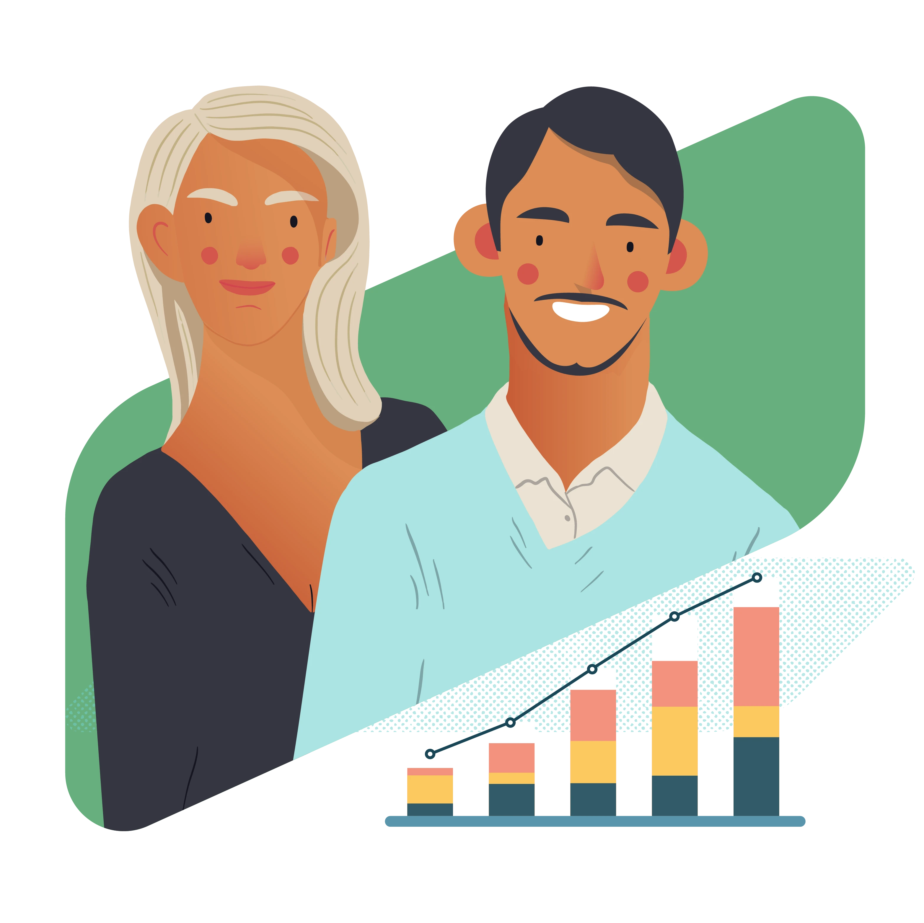Illustration of two people in front of a growing bar chart
