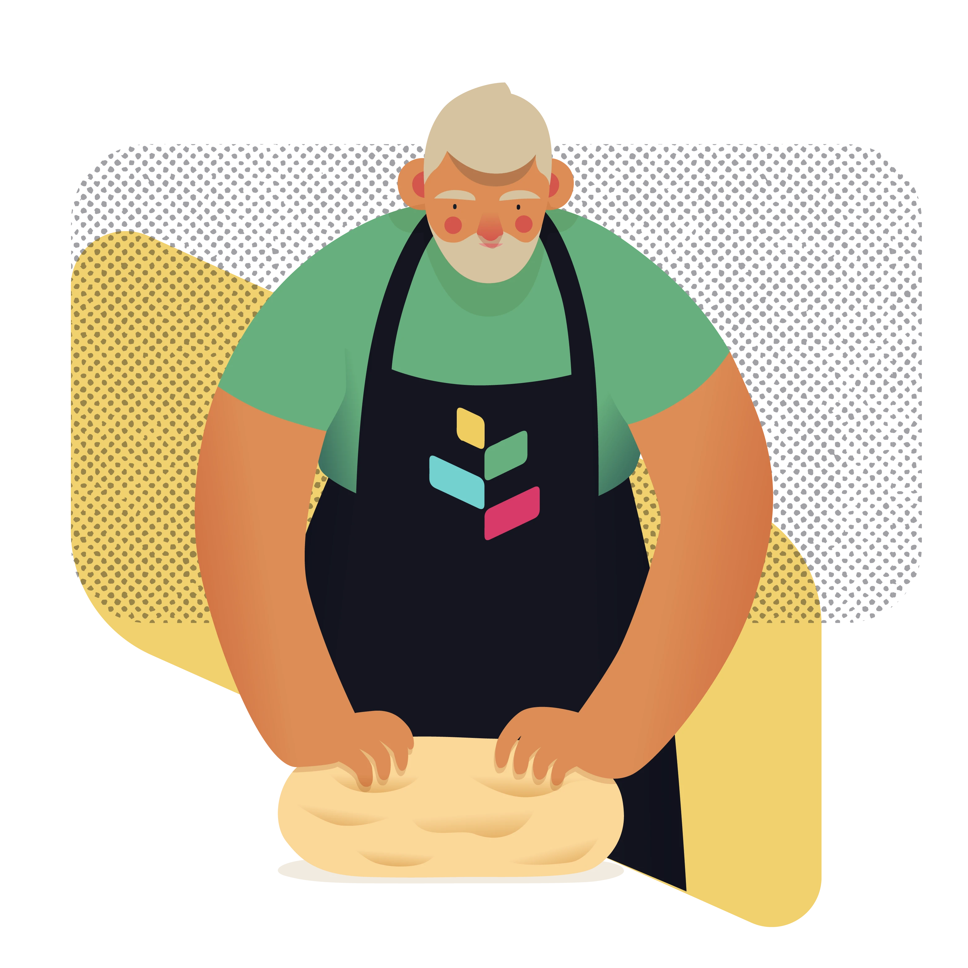 The baker kneads bare-handed on the work counter.