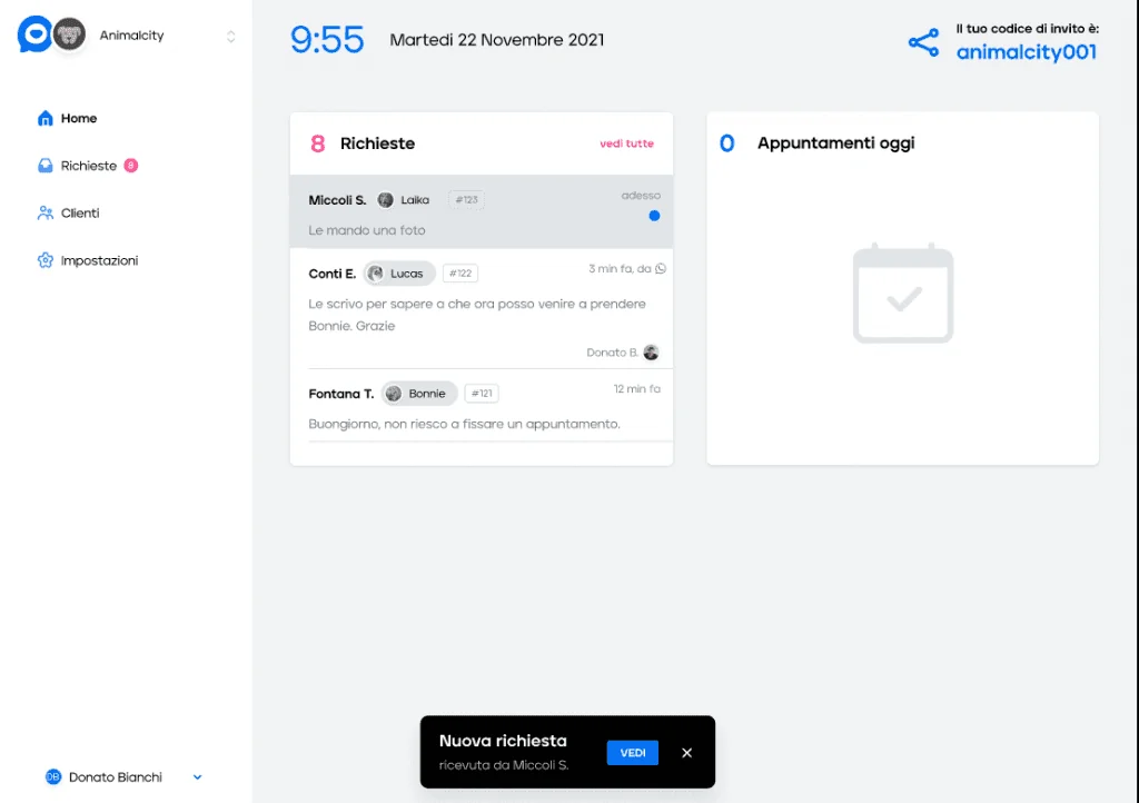 Schermata web di Veterly con le richieste dei clienti e gli appuntamenti del giorno