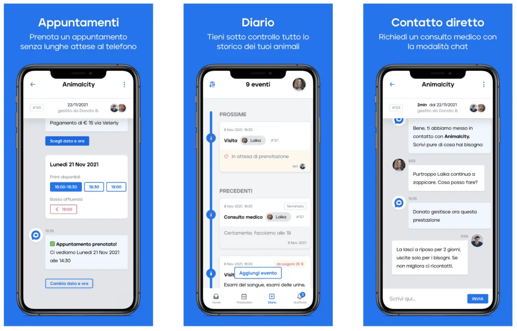 Tre schermate dell’app Veterly: appuntamenti, diario dell’animale e contatto diretto in chat